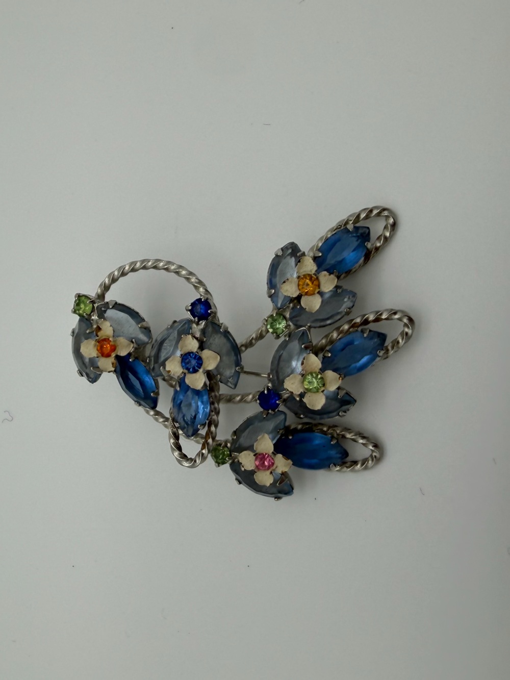 Flower Blue Navette & Colored Rhinestones Vintage Silver Brooch
